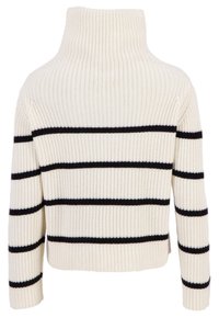 Flauschiger Pullover in Creme mit schwarzen horizontalen Streifen, ausgestattet mit einem hohen Rippkragen und langen Ärmeln, strukturierter Stoff, cropped Design.