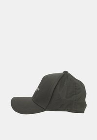 Cappellino da baseball grigio con visiera curvata, realizzato in tessuto morbido. Presenta testo ricamato sul pannello frontale e fori traspiranti.
