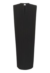 Mustat hihattomat mekko, jossa on takana avaus, jossa on avainreikä, pystysuorat poimutukset ja suora siluetti. Silkkinen kangas ja minimalistinen muotoilu.