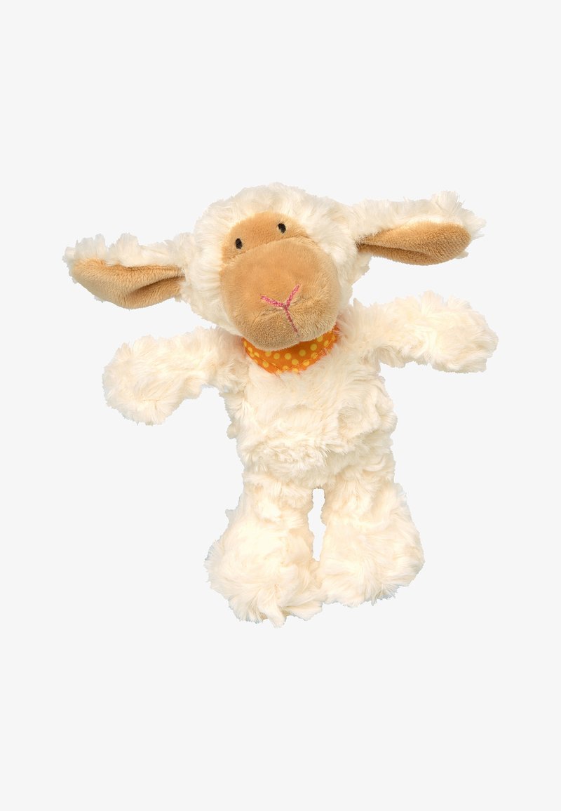 Stuffed sheep toy with a fluffy white body, tan face, and large ears. It has a polka-dotted orange collar and soft, textured fur.
