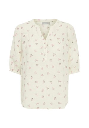 Lichtgekleurde blouse met een knoopsluiting in V-vorm, korte pofmouwen en een watermeloenpatroon. Gemaakt van zacht stof met een relaxed fit.