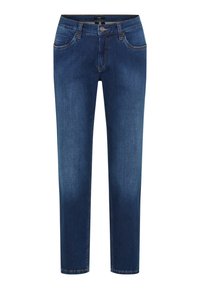 Jeans in denim blu scuro con taglio a gamba dritta, cinque tasche e dettagli di cuciture sottili lungo le cuciture.