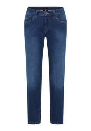 Donkerblauwe denim spijkerbroek met rechte pijpen, vijf zakken en subtiele stiksel details langs de naden.