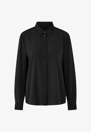 Black long-sleeve shirt made from smooth fabric featuring a button-down front, collar, and a straight hem with a logo detail at the bottom.