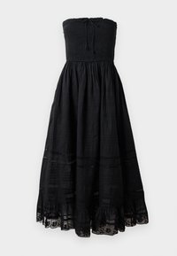 Vestido preto sem alças com corpete franzido, saia em camadas fluida e detalhes em renda na barra. Feito de um tecido leve com um acabamento texturizado.