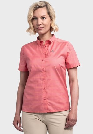 Kurzärmliges Hemd mit Knopfleiste in koralle Pink mit Karomuster, aus leichtem Stoff gefertigt. Verfügt über einen spitzen Kragen und ein Logo-Detail.