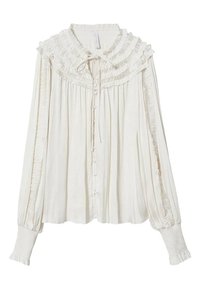 Witte blouse met een gerimpelde kraag, knoopsluiting aan de voorkant en geplooide details. Lange mouwen metGathered cuffs en een vloeiende stoftextuur.