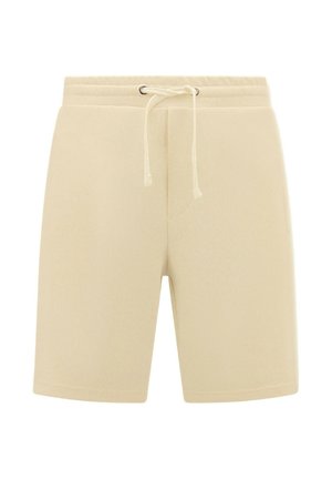 Beige casual korte broek met elastische tailleband en vooraan aantrekkoord, gemaakt van zachte stof.