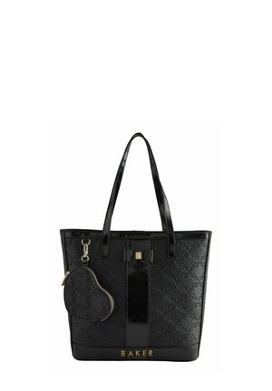 Sac fourre-tout synthétique noir avec un motif floral texturé, des accents brillants, un détail de nœud et une pochette pour pièce détachable avec une fermeture éclair. Logo doré affiché.
