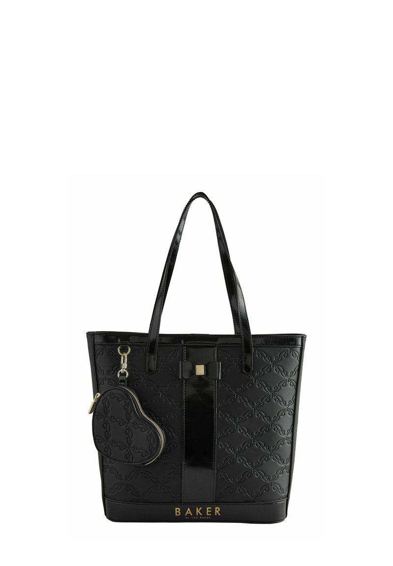 Borsa tote nera in materiale sintetico con motivo floreale testurizzato, dettagli lucidi, un fiocco e una pochette per monete staccabile con zip. Logo dorato visibile.