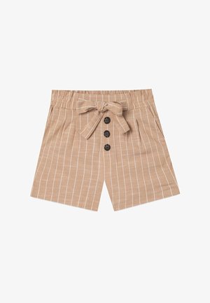 Pantalones cortos beige con rayas blancas, cintura elástica y un lazo delantero. Presenta tres botones negros en la parte frontal. Diseño casual.