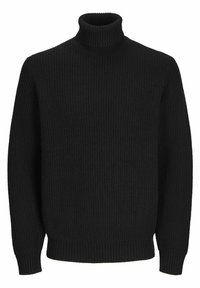 Schwarzer gerippter Rollkragenpullover mit langen Ärmeln, einer enganliegenden Halsbündchen und strukturiertem Strickstoff. Schlichtes Design mit geradem Saum.