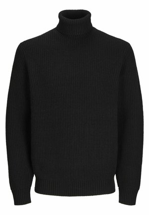 Black ribbed turtleneck sweater featuring long sleeves, a fitted neck, and textured knit fabric. Simple design with a straight hem.