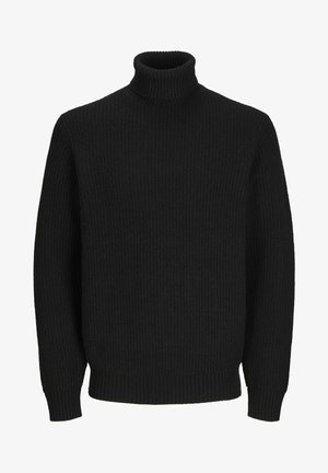 Schwarzer gerippter Rollkragenpullover mit langen Ärmeln, einer enganliegenden Halsbündchen und strukturiertem Strickstoff. Schlichtes Design mit geradem Saum.