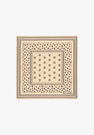 Beiger Schal mit einem zentralen Quadrat, das kleine Blumenmuster zeigt, umrandet von geometrischen Designs und dunklen Linien. Das Logo des Herstellers ist enthalten.