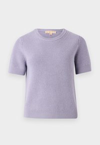 Maglione corto a maniche corte di colore viola chiaro realizzato in tessuto a costine, con scollatura rotonda e orlo dritto. Design semplice e strutturato.