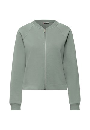 Light green zip-up sweatshirt with long sleeves, ribbed cuffs and collar, and a small brand label inside the collar.