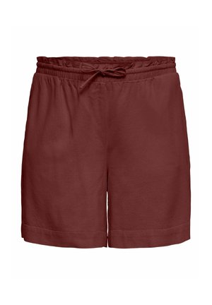 Bordowe szorty z elastycznym pasem, sznurkiem do wiązania i prostym obszyciem, pokazane na białym tle.