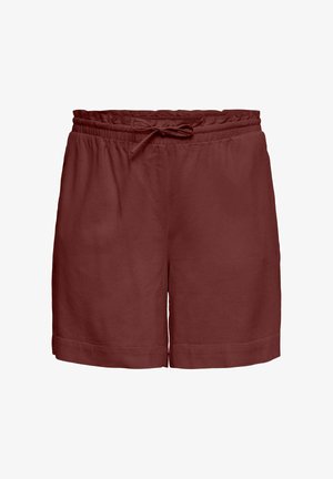 Bordowe szorty z elastycznym pasem, sznurkiem do wiązania i prostym obszyciem, pokazane na białym tle.
