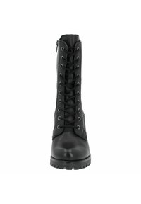 Bota de cuero negro con cordones y textura lisa, diseño hasta la rodilla, ojales de metal y cremallera lateral para poner y quitar fácilmente. Suela plana de goma.