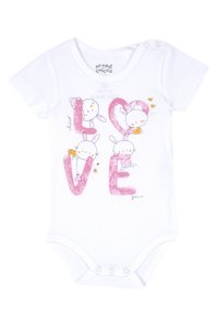 Bílý bavlněný overal s krátkým rukávem s růžovým nápisem "LÁSKA". Ilustrace králíků, srdcí a hvězd v světlých barvách.