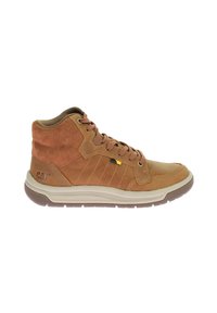 Zapatillas altas marrones hechas de ante y cuero, con diseño de cordones, suela de goma contrastante y detalle de marca en el lateral.
