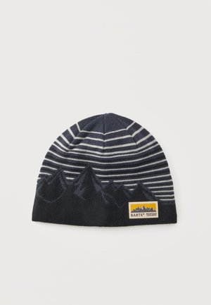Bonnet rayé bleu foncé et gris avec un motif silhouette de montagne et un patch logo rectangulaire Barts Mountain Explorer.