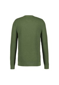 Groen gebreid sweater met een textuurpatroon. Beschikt over lange mouwen en een ronde hals. Geribbelde boord aan de onderkant en bij de mouwen. Achteraanzicht getoond.
