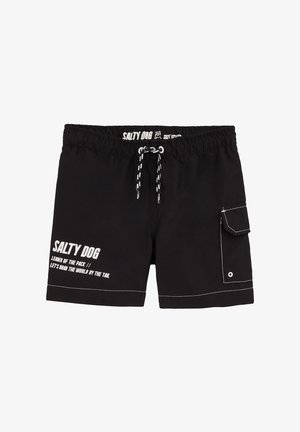 Costumi da bagno neri realizzati in materiale leggero, dotati di vita elastica con cordoncino, tasca laterale e testo grafico bianco.