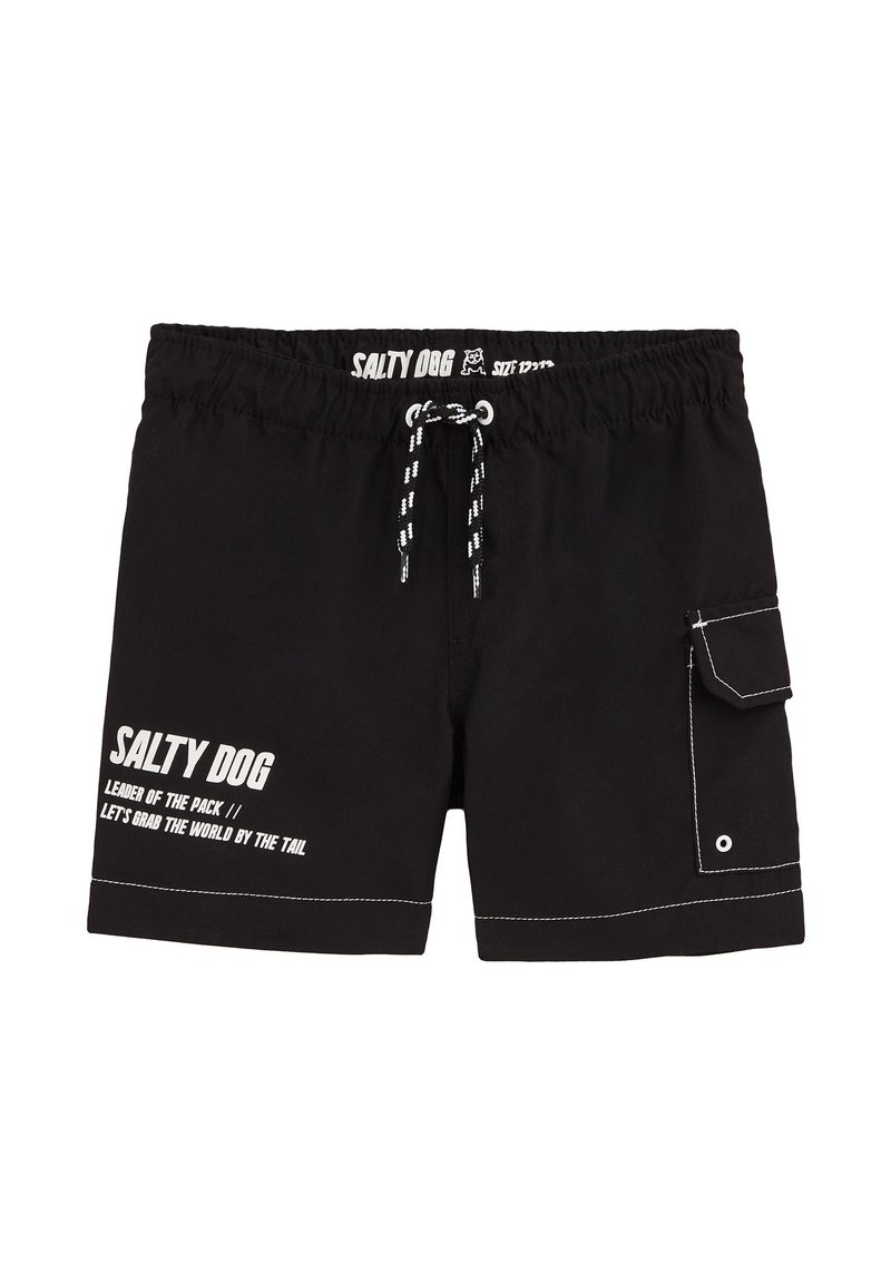 Costumi da bagno neri realizzati in materiale leggero, dotati di vita elastica con cordoncino, tasca laterale e testo grafico bianco.