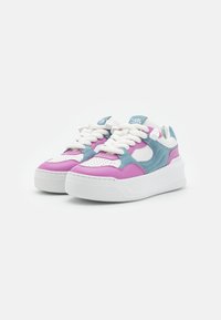 Sneakers with a chunky white sole, featuring pink and blue synthetic upper, round toe, thick white laces, and logo on the tongue.