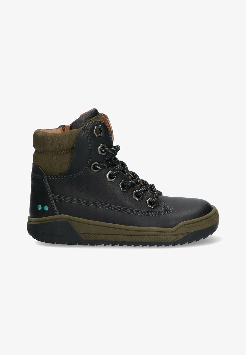 Black leather hiking boot with green fabric collar and lacing, silver eyelets, textured black sole, and subtle green accent on heel.