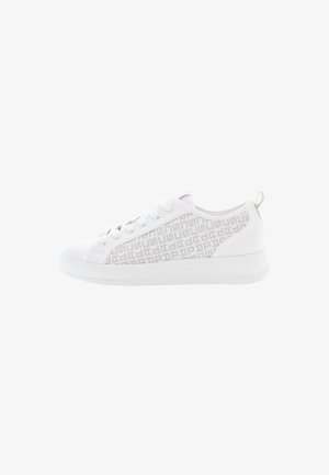 White sneaker with a textured, light gray geometric pattern on the side, lace-up design, and a flat rubber sole.