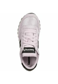 Light pink sneaker with mesh and suede upper, black accents, round toe, flat laces, and logo on the tongue. Textured sole for grip.