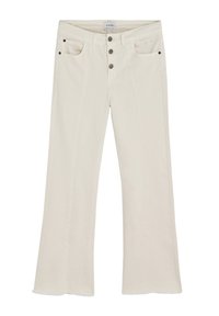 Jeans acampanados beige con cintura alta, cinco bolsillos y cierre delantero de tres botones. Presenta costuras sutiles y bordes deshilachados.