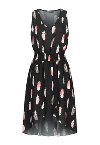 Czarna sukienka z dekoltem w serek, elastycznym pasem i asymetrycznym dołem. Wzór z różowych i białych piór na gładkiej tkaninie.