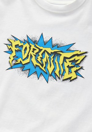 Weißes T-Shirt mit einem grafischen Design in Gelb und Blau, gekennzeichnet durch fett gedruckte, kantige Schriftzüge und Sternchenakzente. Aus weichem Baumwollmaterial.