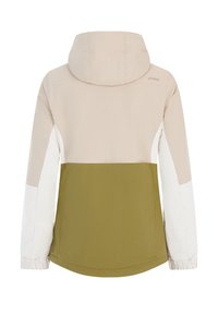 Waterdichte jas met een beige capuchon en schouders, groene romp en witte mouwen. Heeft elastische manchetten en een soepele textuur.