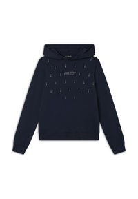 Felpa con cappuccio di colore blu navy realizzata in tessuto morbido, con un design frontale decorato con accenti argentati che riportano la scritta "FREDDY."