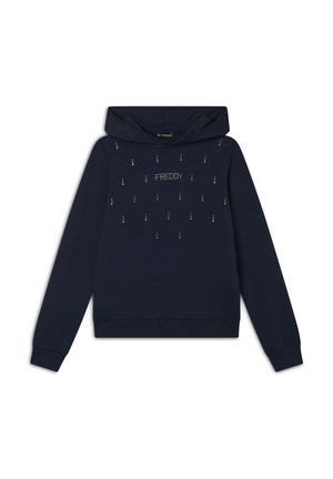 Felpa con cappuccio di colore blu navy realizzata in tessuto morbido, con un design frontale decorato con accenti argentati che riportano la scritta "FREDDY."
