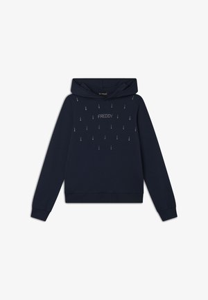 Sweatshirt à capuche bleu marine en tissu doux, présentant un design sur le devant avec des accents décoratifs argentés épelant "FREDDY."