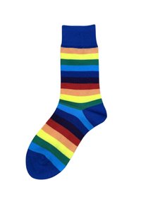 Calcetines a rayas con banda superior azul; presentan rayas horizontales en rojo, naranja, amarillo, verde, azul y púrpura. Hechos de tela suave.