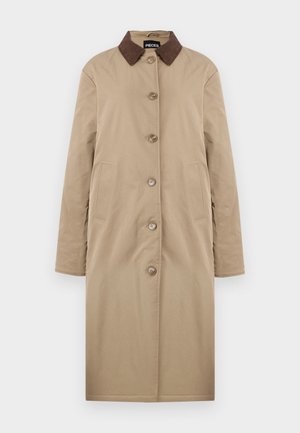 Lys beige frakk med en brun semsket krage, med knappelukking og to sidelommer. Glatt tekstur og kne-lengde design.
