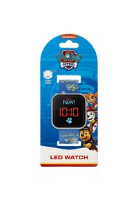 Orologio LED della Paw Patrol con quadrante quadrato nero, display digitale rosso e cinturino in gomma blu con personaggi e design dei cartoni animati.
