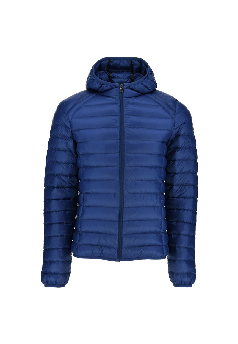 Veste légère matelassée bleue avec quilting horizontal, fermeture éclair frontale, manches longues et capuche attachée.