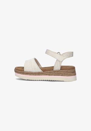 White woven fabric sandals with a tan suede footbed, featuring an espadrille-style jute midsole, and a pink accent stripe on the sole.