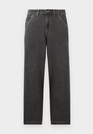 Dark gray denim trousers with a straight fit, featuring contrasting white stitching, a button closure, and side pockets.