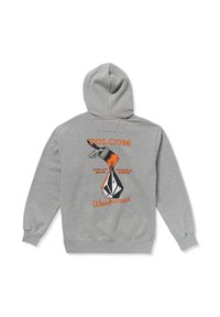 Grijze hoodie met een achterafbeelding met oranje en zwarte tekst, een schoen en een gestileerd logo. Gemaakt van zacht, warm materiaal met een capuchon.