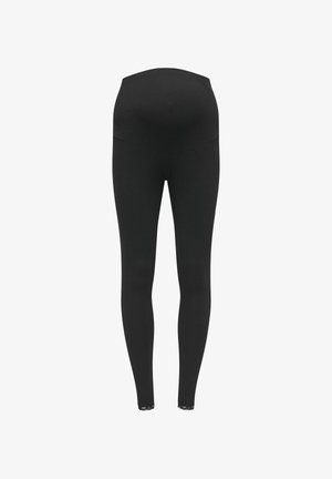 Black ribbed maternity leggings featuring a high waist and lace accents at the hem. Made of stretchy material for comfort and support.
