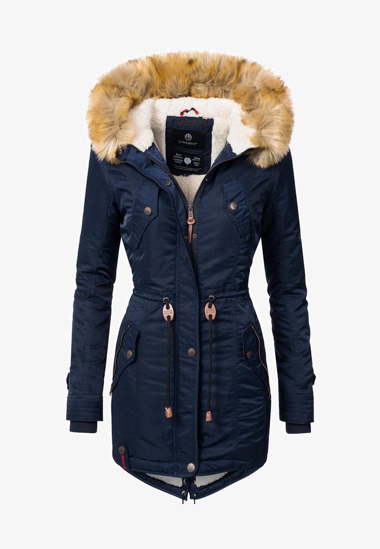 Navy blue winter parka with faux fur-lined hood, zip closure, two front pockets, drawstring waist, and fleece lining. Features bronze hardware accents.